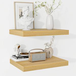 Fun Memories Floating Shelves - 2 Pack 12 Inch Rustic Wooden Wall Shelves - Extra Deeper & Thicker Wall Mounted Storage Shelf for Living Room, Kitchen, Farmhouse - 16" W x 12" D x 1.5" H - Oak