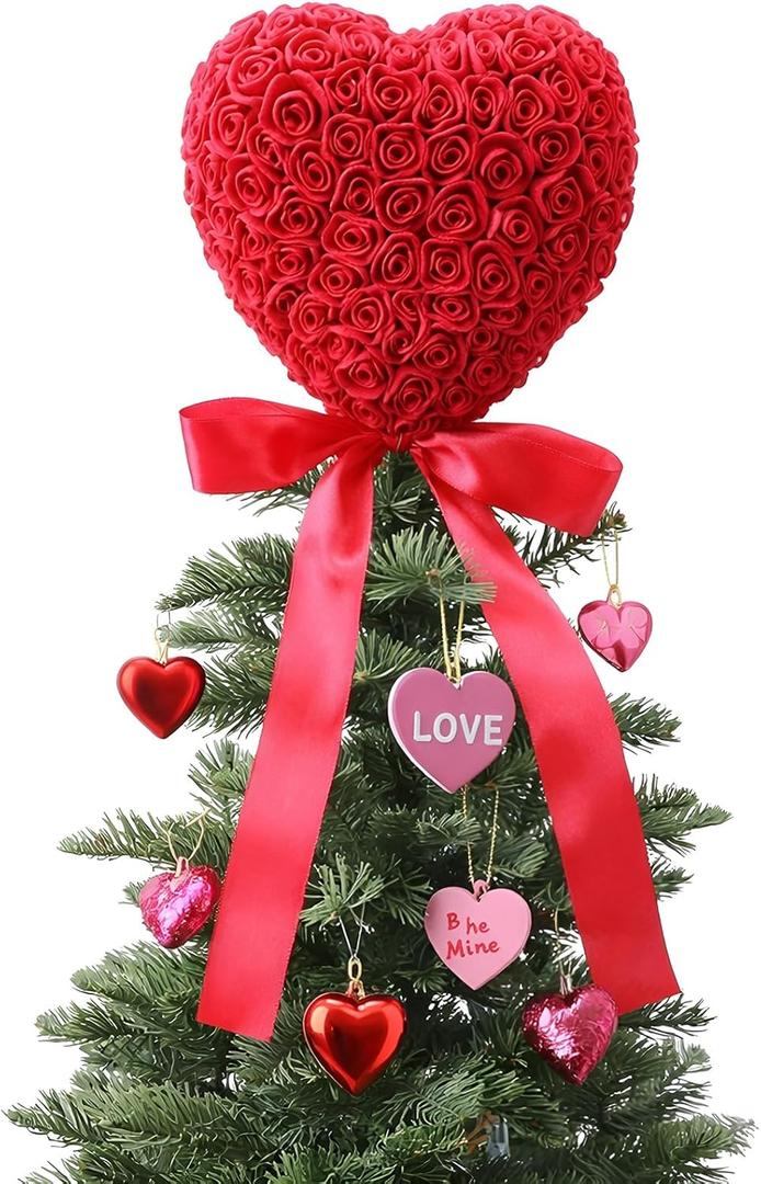 Soulchen Valentine Day Tree Topper 11.8 Inch Heart Tree Topper with Bow Rose Valentines Trees Ornaments Decorations for Valentine's Day Wedding Holiday Party Supplies(Red)