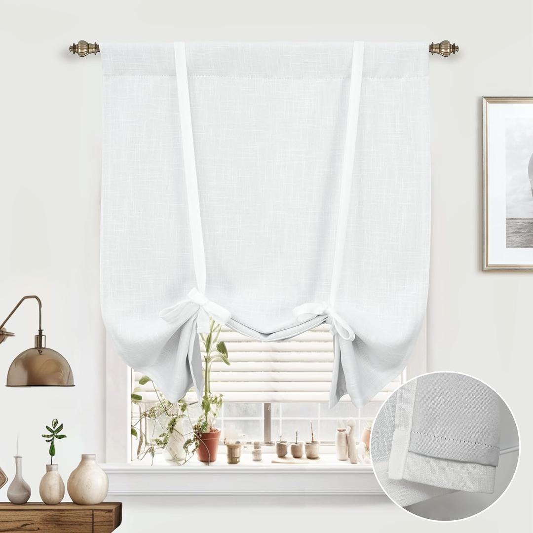 DriftAway Double Layer Linen Blackout Tie Up Curtains Thermal Insulated Fully Lined Balloon Roman Shade Bathroom Window Adjustable Rod Pocket for Small Window 39 Inch by 55 Inch White