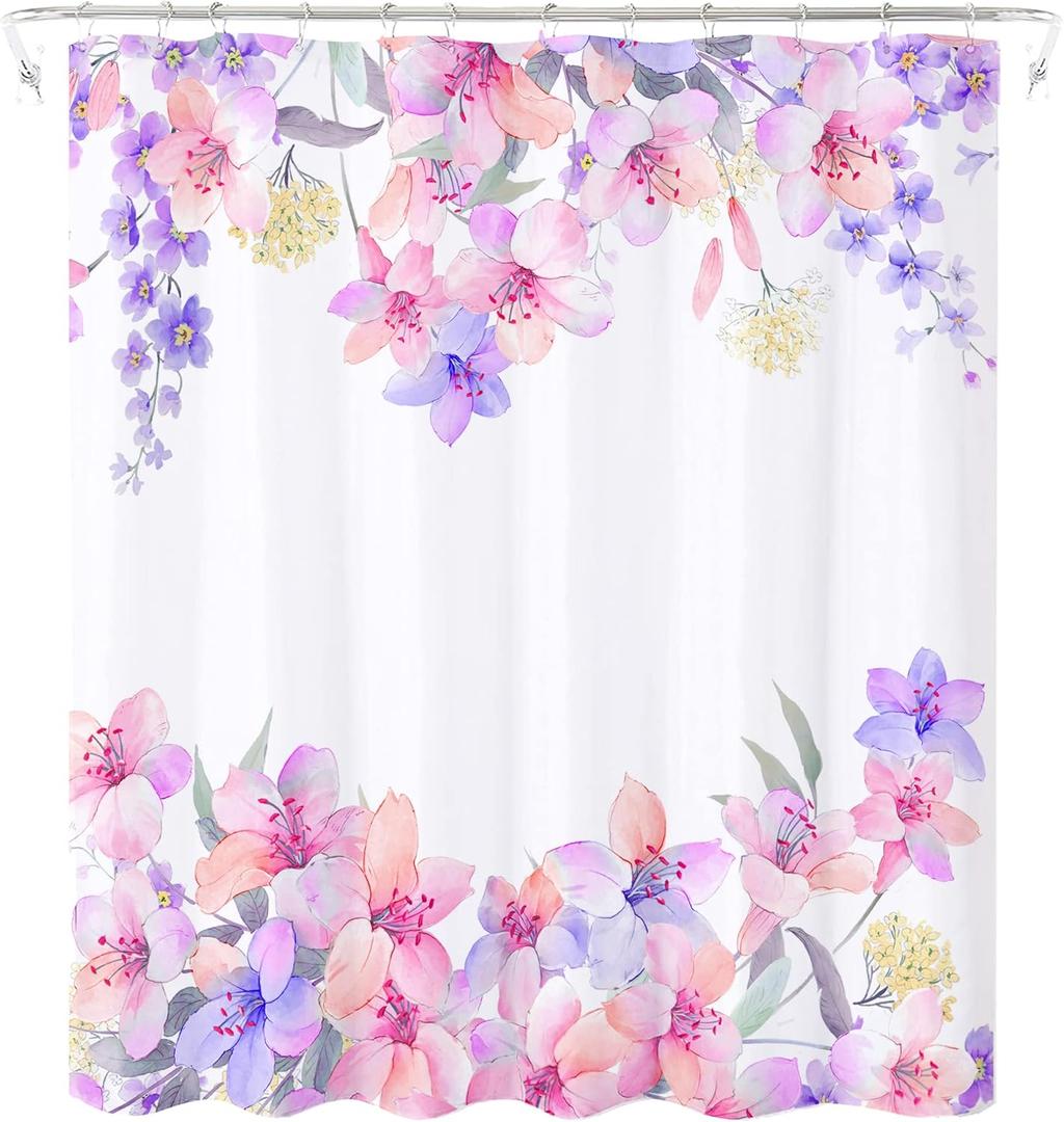 AO BLARE Floral Shower Curtain, Watercolor Pink Flower Spring Flower Fabric Bathroom Shower Curtain Set with Hooks 72 X 72 Inches