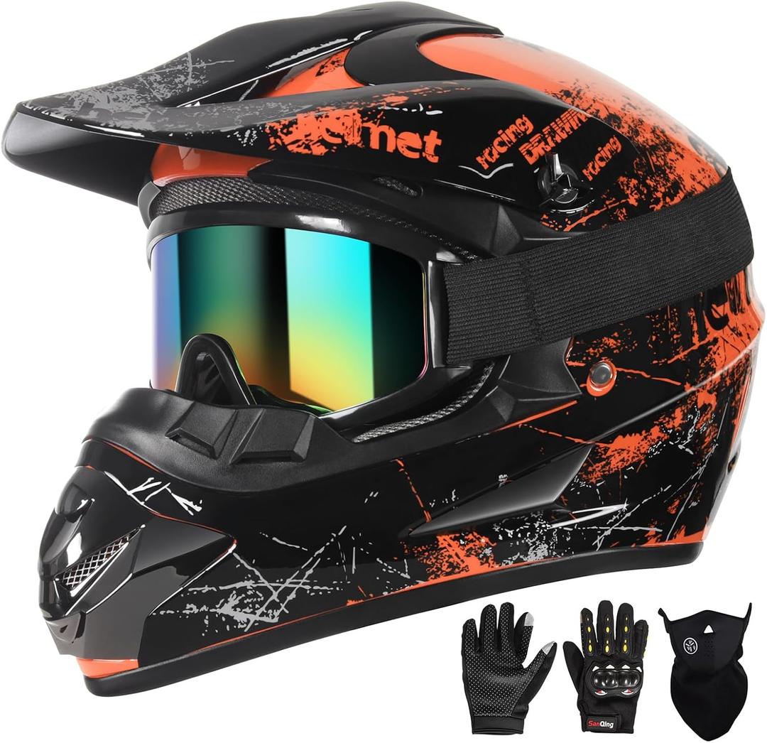 SPARK Dirt Bike Helmets Kids Motorcycle Helmet Youth ATV Motocross Full Face Men Women Off-Road Mountain Bike Helmet Adult with(Gloves Goggles Mask) DOT Approved 4Pcs Set (Small, Orange)