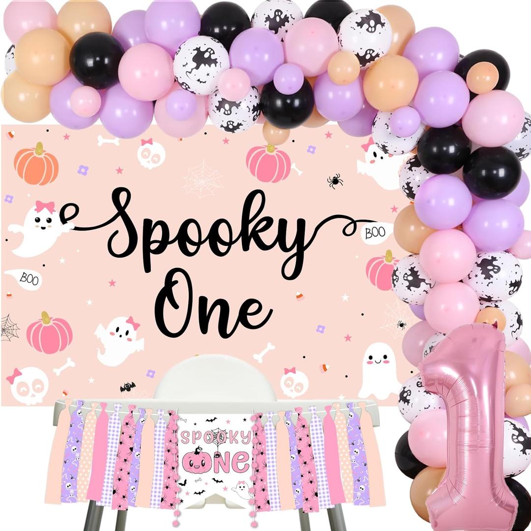 Halloween Spooky One 1st Birthday Decorations for Girls - Pink and Purple Balloons Garland Arch Kit Ghost Balloons Backdrop, First Bday Party Supplies for One Year Old Girl