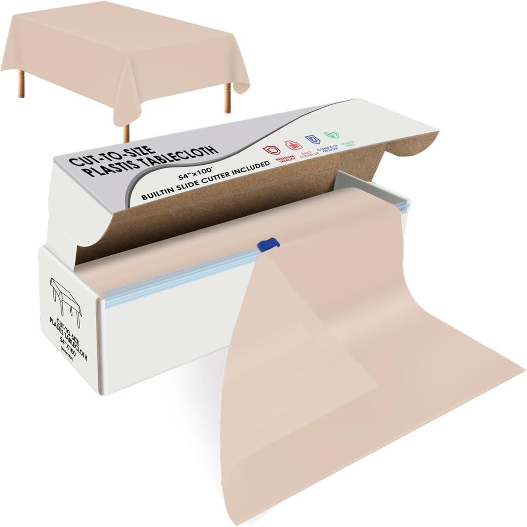 tujol Beige Disposable Plastic Table Cloth Roll 54" X 100', Plastic Table Cover with Cutter Box, Cut to Size Disposable Tablecloth for Parties