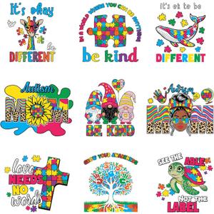 2 x 9Pcs Autism Mama Mom Iron on Decals for T-Shirt DIY Washable Heat Transfer Vinyl Stickers for Clothing Jeans Pillow Covers Applique