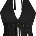 MakeMeChic Women's Fringe Rodeo Faux Suede Halter Tops Tie Backless Sleeveless Western Cowgirl Concert Outfits (Black, XL)