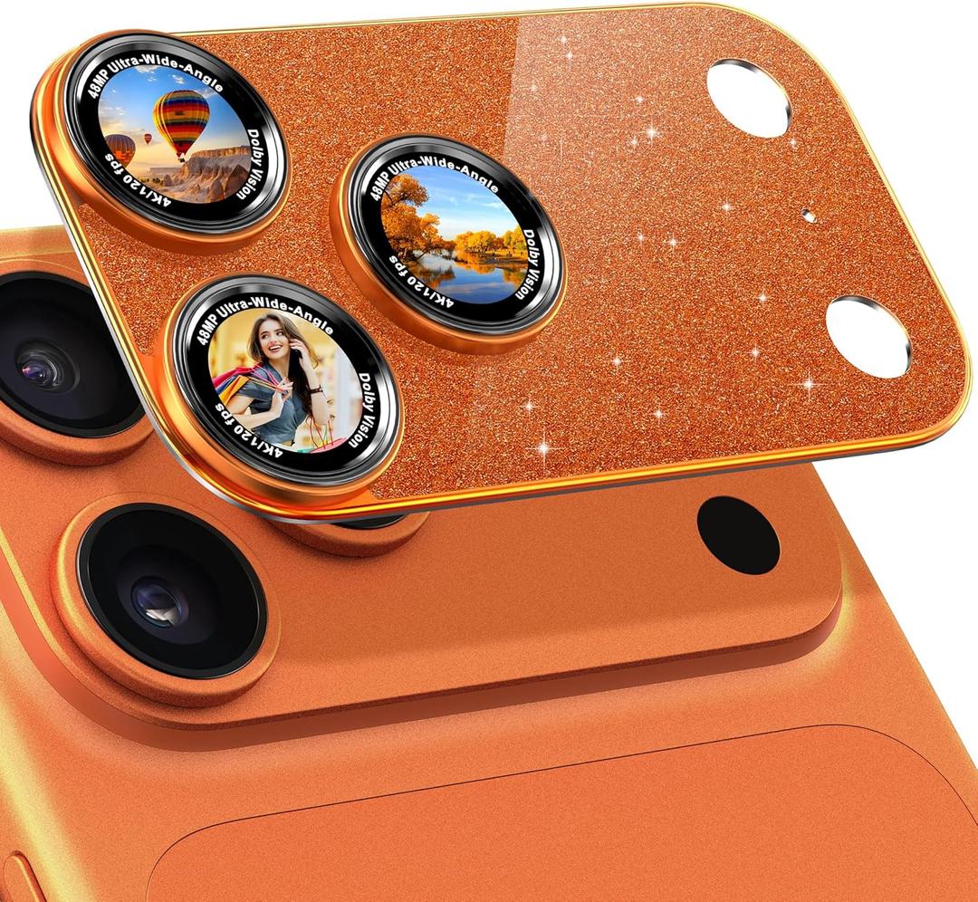 Camera Lens Protector Compatible with iPhone 17 Pro - Metal Frame Tempered Glass Cover, [Anti-Scratch] [Drop-Proof][Strong-Adhesion] Rear Camera Screen Cover- Sparkle Orange