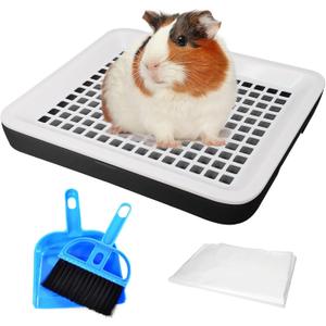 Fhiny Guinea Pig Litter Box, Small Pet Potty Training Chinchilla Bedding Litter Pan with Disposable Cage Liners & Cleaning Broom Cage Accessories for Young Guinea Pig Chinchilla (Black)