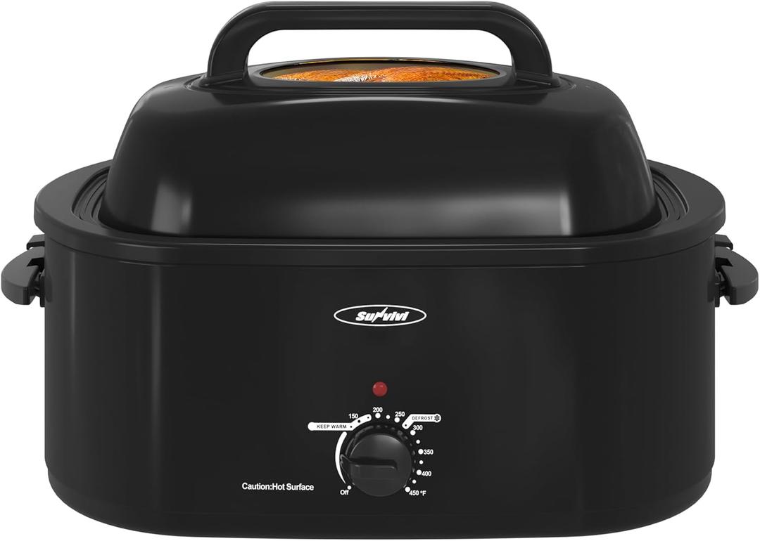 Sunvivi Roaster Oven, Electric Roaster Oven with Viewing Lid, 30lb 26-Quart Turkey Roaster with Unique Defrost/Warm Function, Large Roaster with Removable Pan & Rack, Stainless Steel, Silver (26QT, Black)