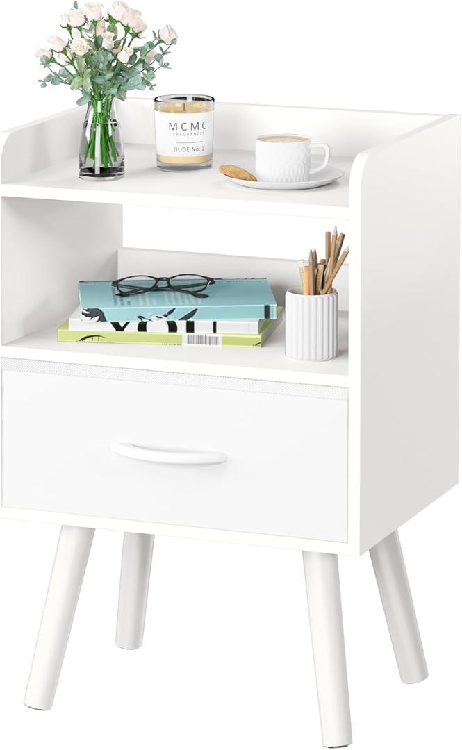 Yoobure Modern Nightstand with Drawer, Bedside Tables, Mid Century Nightstands with Open Storage Shelf, Wood Bedside Table, Small Night Stands for Bedrooms, 2-Tier Night Table (White)