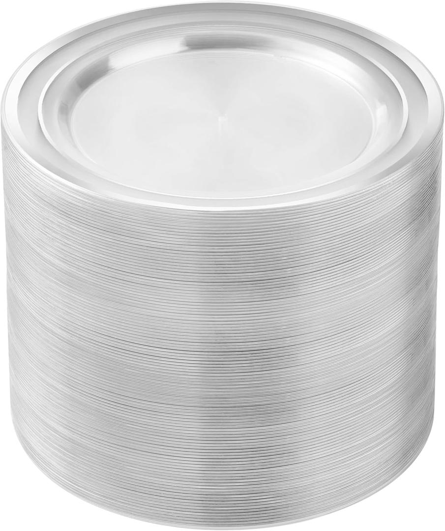 100PCS Clear Plastic Plates for Party, 7 Inch Heavy Duty Dinner Plates with Silver Rim, Disposable Plates for Wedding and Birthday (Clear Silver)