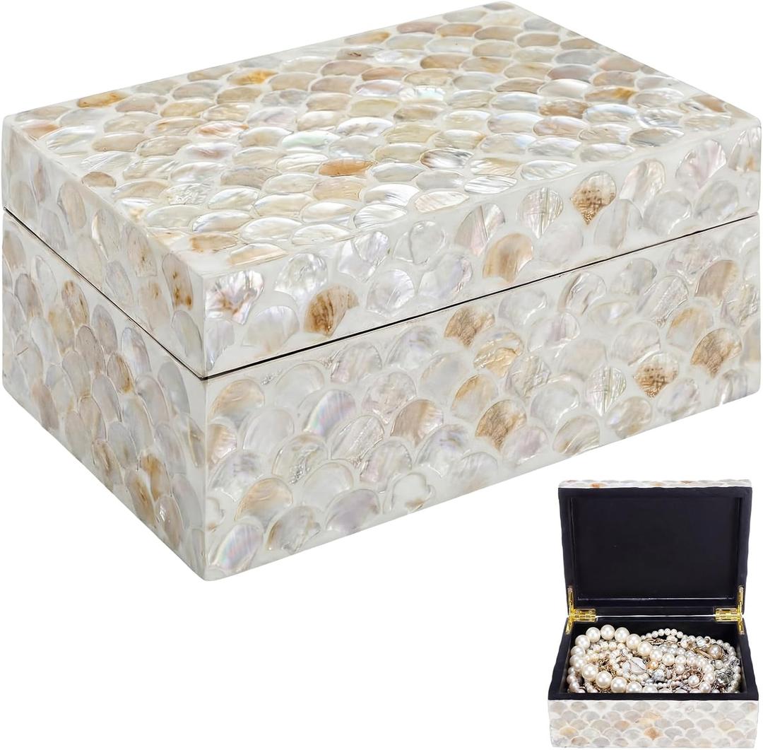 AceOrbit Mother of Pearl Shell Jewelry Box with Lids Handmade Keepsake Jewelry Chest Rectangular Wooden Nacre Storage Box for Earring Bangle Watch Keepsake Tea Bags