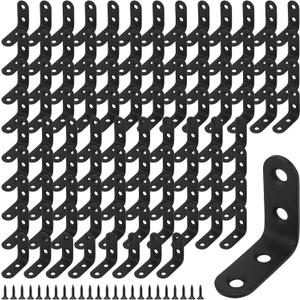 SHEUTSAN 100 Pcs Black L Bracket, 1.57 x 1.57 x 0.62 Inch Stainless Steel Corner Brace Small with Screws 90 Degree for Furniture Shelf Window