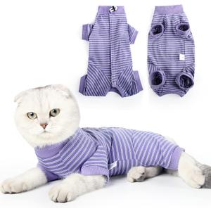 LIANZIMAU Cat Surgical Recovery Suit Professional for Male Female Dog Abdominal Wounds Cone E-Collar Alternative Anti-Licking Pet Surgical Recovery Pajama Suit Soft Fabric Onesie for Cats, M (Pack of 1), Violet Striped