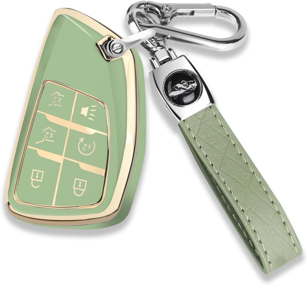 QBUC for Chevy Key Fob Cover with Keychain Soft TPU Protection Case Compatible with 2021-2026 Chevy Tahoe Suburban GMC Yukon Denali Silverado 6-Buttons(Gold Trim Green)