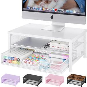 OPNICE Computer Monitor Stand Riser, Desk Organizer with Drawer, Laptop Stand, Office Desk Accessories & Workspace Desktop Organizers Storage for Office Supplies(White)