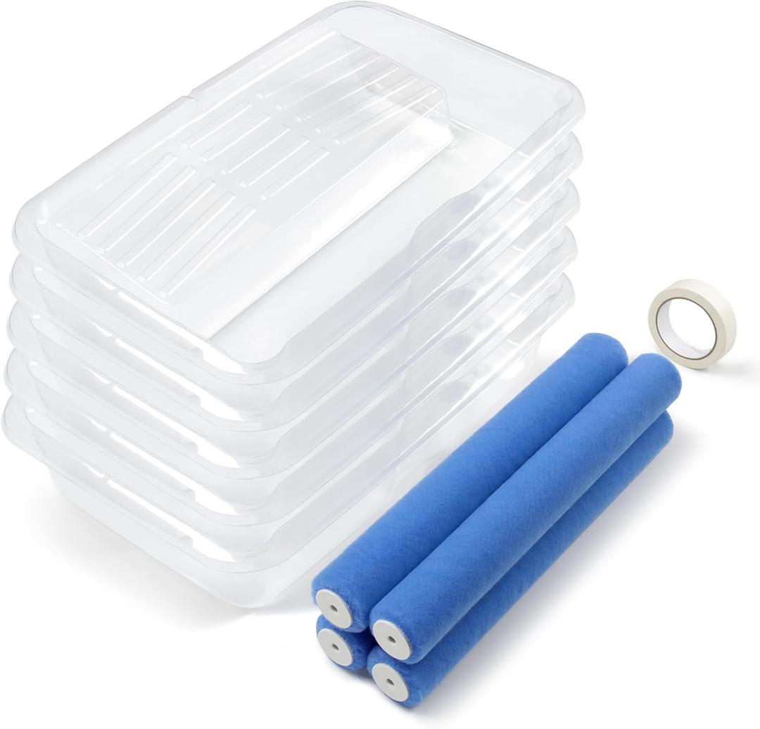 VOOMEY 18 Inch Paint Roller Replacement Kit for 18 Inch Roller Tray Series 4pcs Spiral Polyester Paint Roller Covers, 5pcs Disposable Paint Tray Liners, for Walls, Ceilings & Home Painting Projects