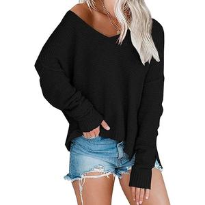 Women’s Off Shoulder Knit Sweaters Oversized V Neck Long Sleeve Loose Lightweight Pullover Tops, M, Black