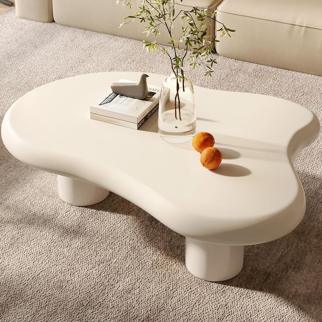 Cloud Coffee Table, Modern White Coffee Table for Living Room, Cute Irregular Indoor Tea Table with 3 Legs, Easy Assembly (White, 46.06 Inch)
