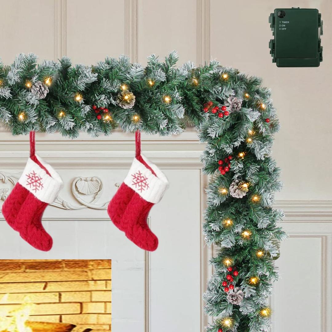 Pre-lit Christmas Garland 9FT with Lights, Battery Operated Xmas Garland with Snowy Cedar Cones & Red Berries, Christmas Decoration for Mantle, Fireplace, Stair Railing, Porch, Doorway, Indoor