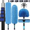 25ft High Ceiling Duster Kits with 5-18ft Heavy Duty Extension Pole - Fan Blade Cleaner, Cobweb Remover & Blue Window Squeegee Kit, Washable Dust Brush for High Roof and Glass Surfaces