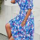 Womens Floral Flowy Wrap V Neck Midi Dress Short Sleeve Elastic Waist Casual Spring Summer Dresses for Women 2025 (Blue, XL)