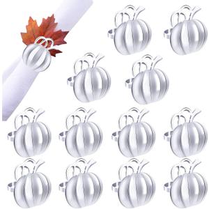 Halatool Pumpkin Napkin Rings Set of 12, Alloy Fall Napkin Rings Thanksgiving Halloween Dinner Tables Holders for Thanksgiving Weddings Holidays Gathering Dinner Party (Silver)