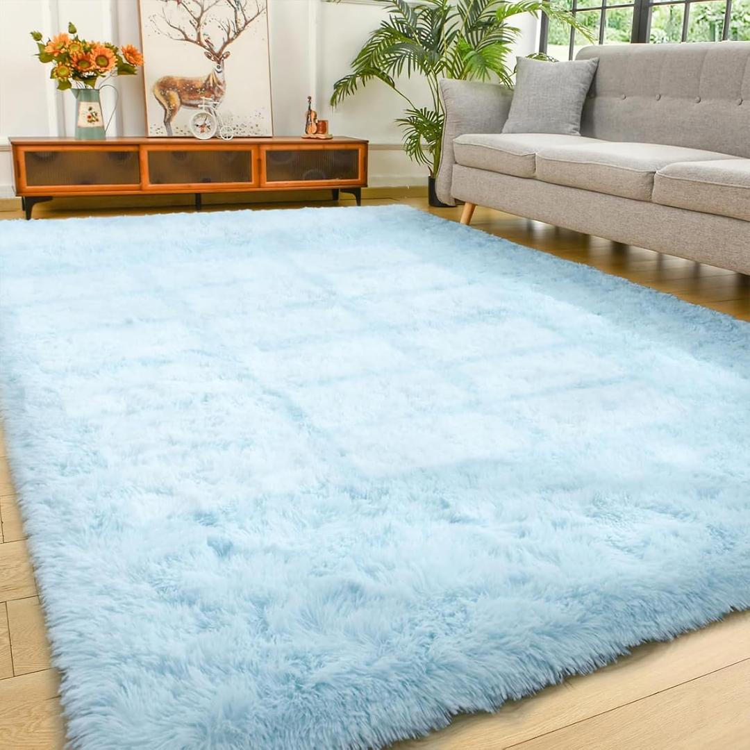 YJ.GWL Area Rugs for Living Room Bedroom, 8x10 Machine Washable Large Light Blue Carpet, Soft Fluffy Shaggy Thick Big Shag Indoor Floor Rug for Kids Boy and Girls Room Dorm Home Decor Aesthetic