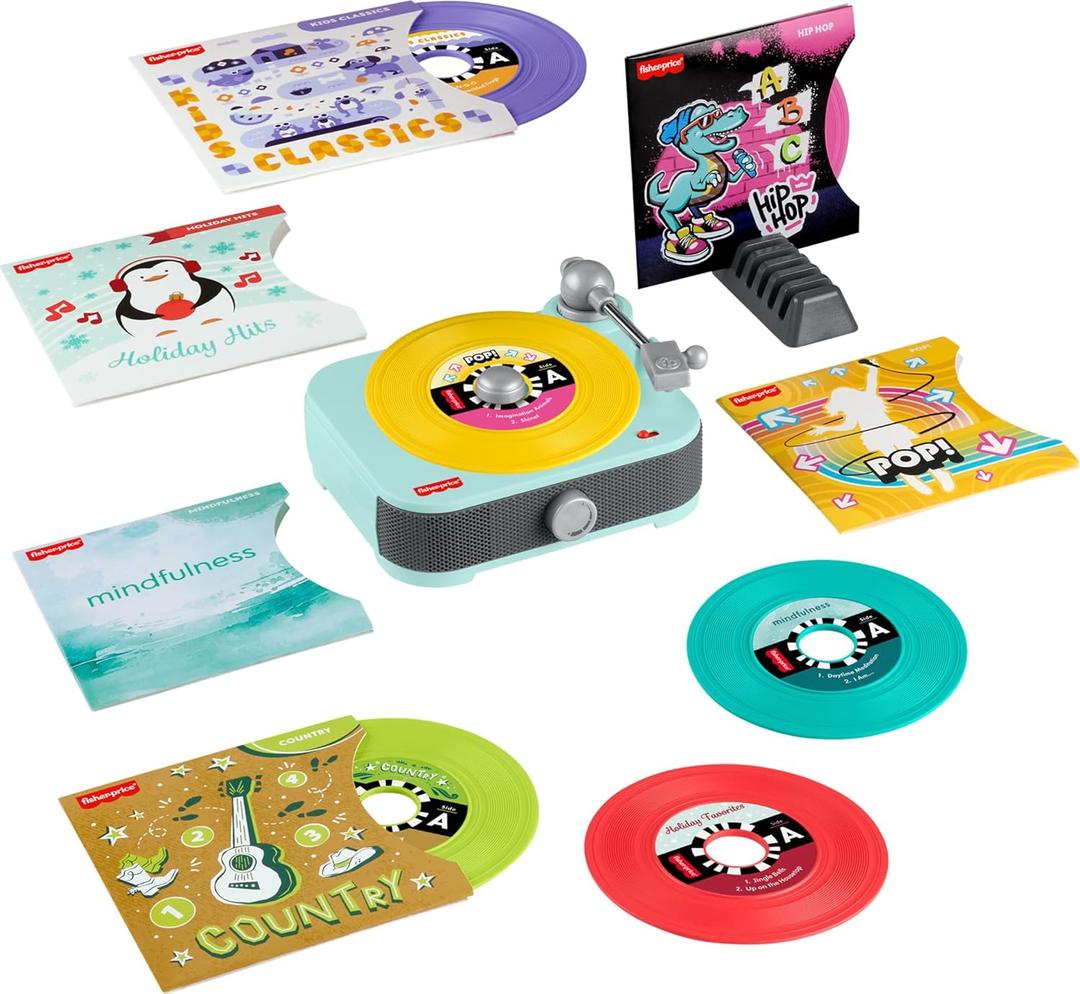 Fisher-Price Musical Toy Deluxe Rockin Record Player Pretend Turntable with 6 Albums for Preschool Play Kids Ages 3+ Years