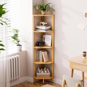 Corner Shelf, 5 Tier Bamboo Corner Bookshelf, 54" Tall Narrow Bookcase, Plant Stand, Corner Display Rack, Shower Caddy, Display Standing Shelf Organizer for Bedroom, Living Room, Kitchen, Home Office