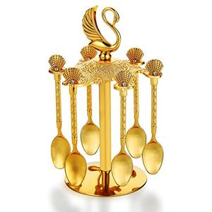 Decorative Swan Base Holder with 6 Spoons, Fancy Tea Spoons Coffee Dessert, Teaspoons, Jam Spoon for Fruit, Stirring, Mixing, Sugar, Ice Cream, Cake (Gold)