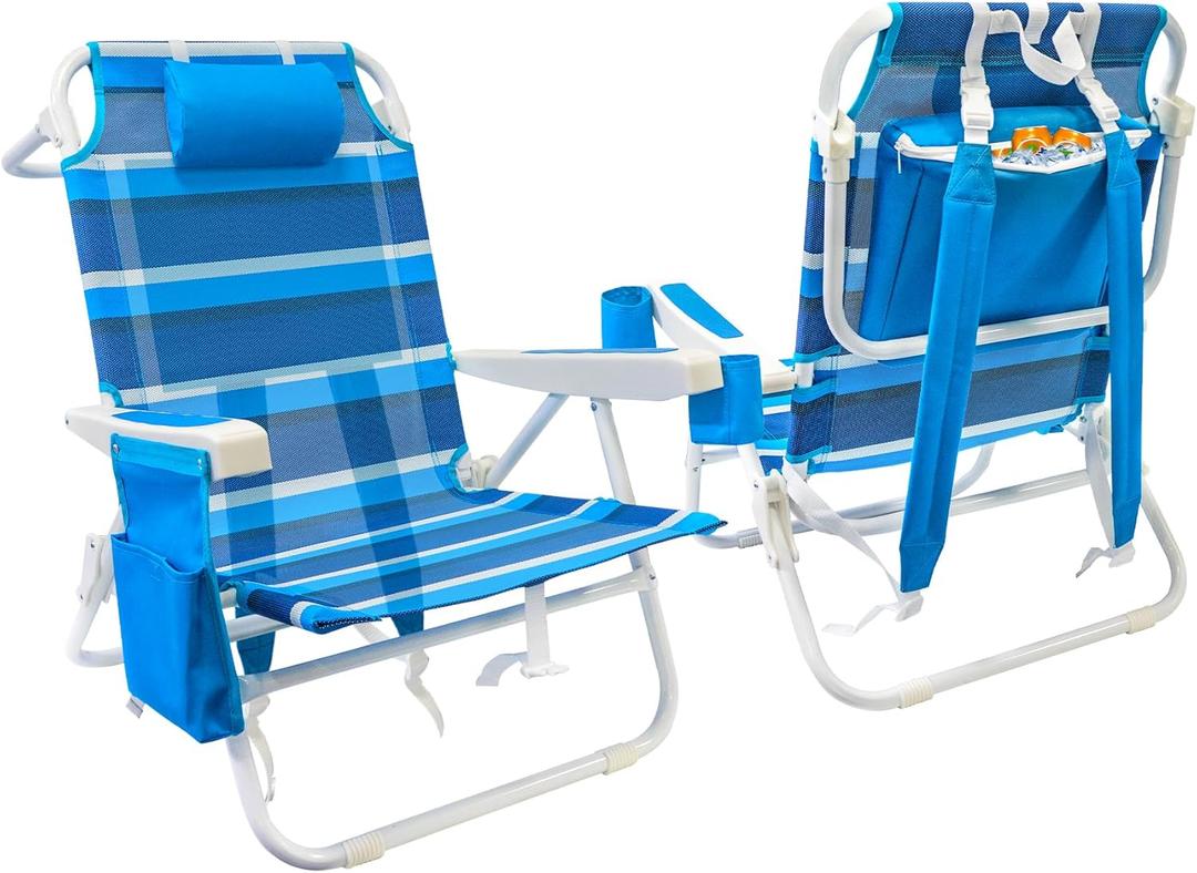 Beach Chair 2 Pack, 5 Positions Textilene Folding Reclining Beach Chair with Backpack Straps, Cooler Bag & Cup Holder for Outdoor Lawn Camping (Blue Stripe)
