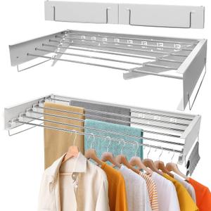 Wall Mounted Drying Rack, Clothes Drying Rack Foldable, 40" Laundry Racks for Drying Clothes Collapsible Drying Racks for Laundry with 2 Towel Handles and Wall Template for Indoor Outdoor (White)