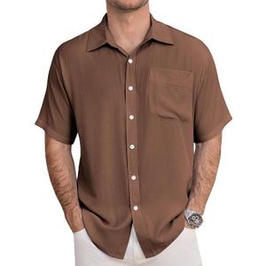 URRU Men's Shirts Casual Short Sleeve Button Down Shirt Summer Dress Shirts Loose Fit Beach Shirts Vacation Tops (Brown, XL)