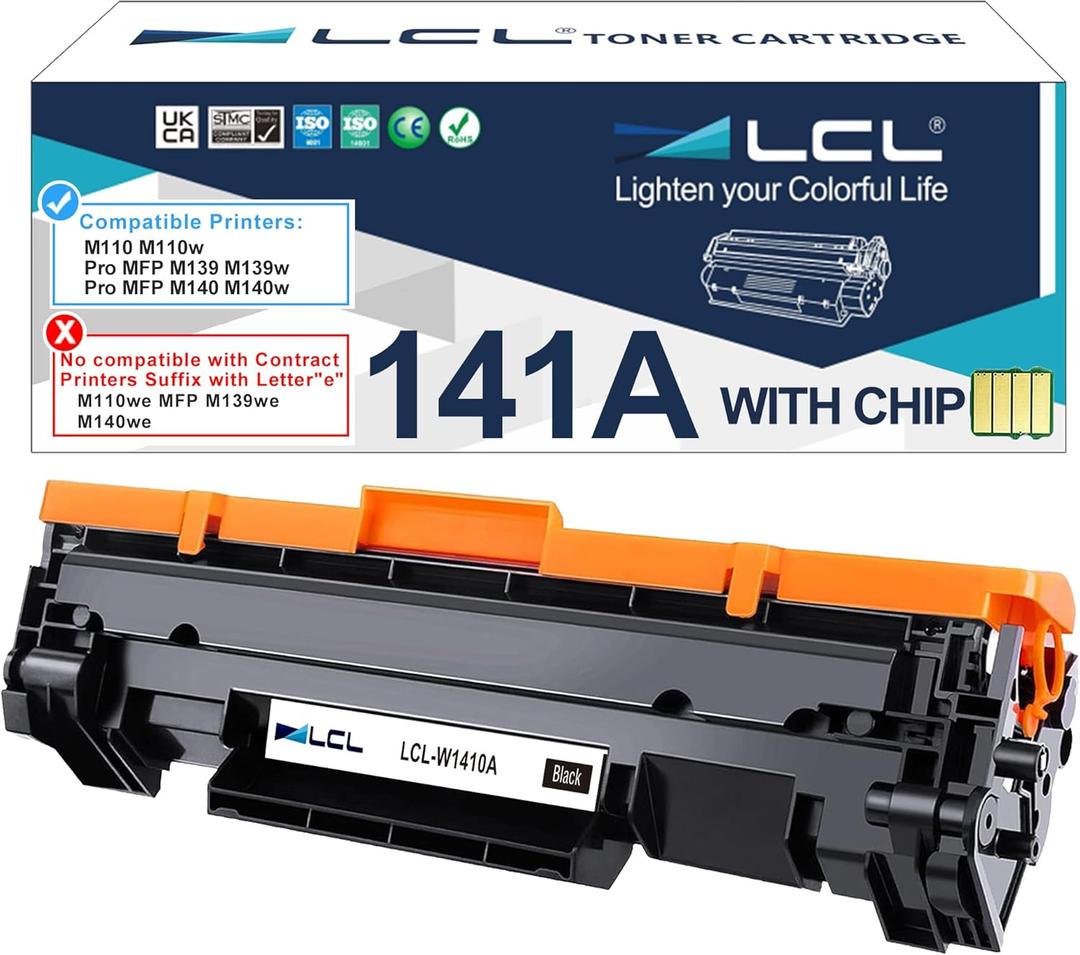 LCL 141A Black Toner Cartridge with OEM Chip Replacement for HP 141A W1410A 141X W1410X for Laserjet M110 M110w MFP M139 M139w M140 M140w Printer (1-Pack )