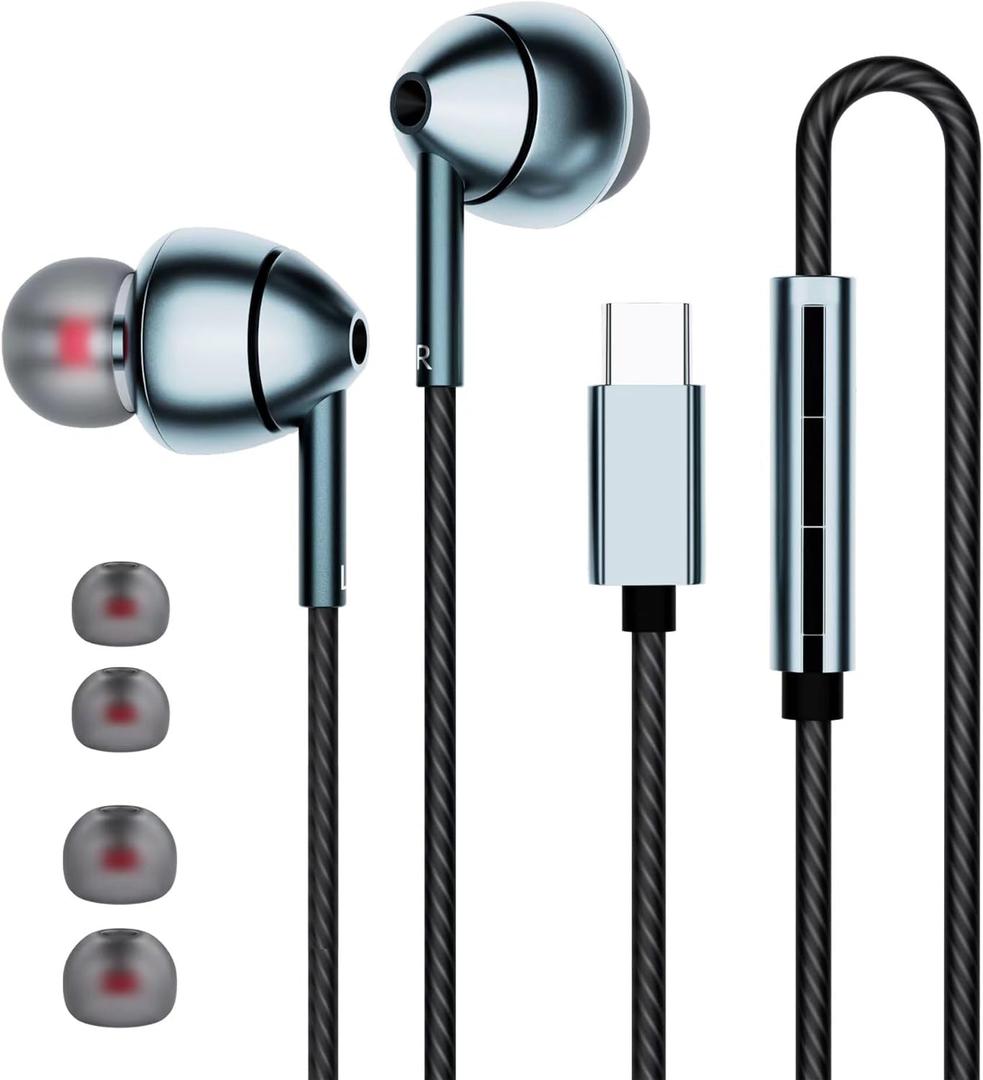 USB-C Wired Earbuds with Microphone, Volume Control, Noise Canceling, Compatible with Samsung Galaxy S24 S23 S22, iPhone 17 16 15 Pro Pro max, Pixel Phones