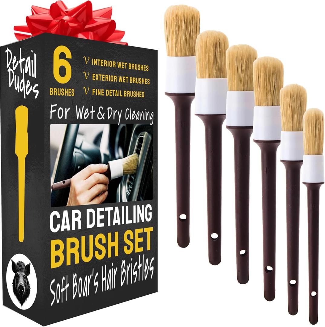 Soft Boars Hair Car Detailing Brush Set for Washing (6 Pack) - Interior Car Detailing Kit - Automotive Interior Dusting Brush - Auto Cleaning Supplies