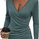 Women's Long Sleeve Deep V Neck Tops Wrap Ruched Slim Fit Shirts Button Side Blouse Sexy Fall Outfits 2025 (Green, S)