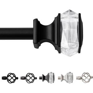 Black Curtain Rod Adjustable 30" to 48" for Kitchen Window, Single Decorative 3/4 Inh Diameter Metal Curtain Rod with Brackets, Square Finials, 1 Set