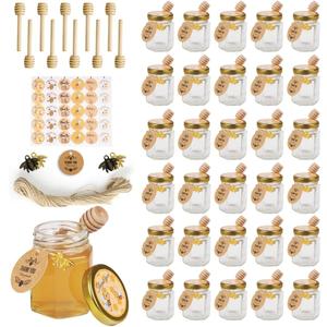 3OZ Mini Glass Hexagon Honey jars 30Packs - Gold Lid, Small Wooden honey dipper, Bee Charms, Thank You Gift Tags, Stickers, Jute - Baby Shower Thank You Party Wedding Favors Gifts (Circular Tag)