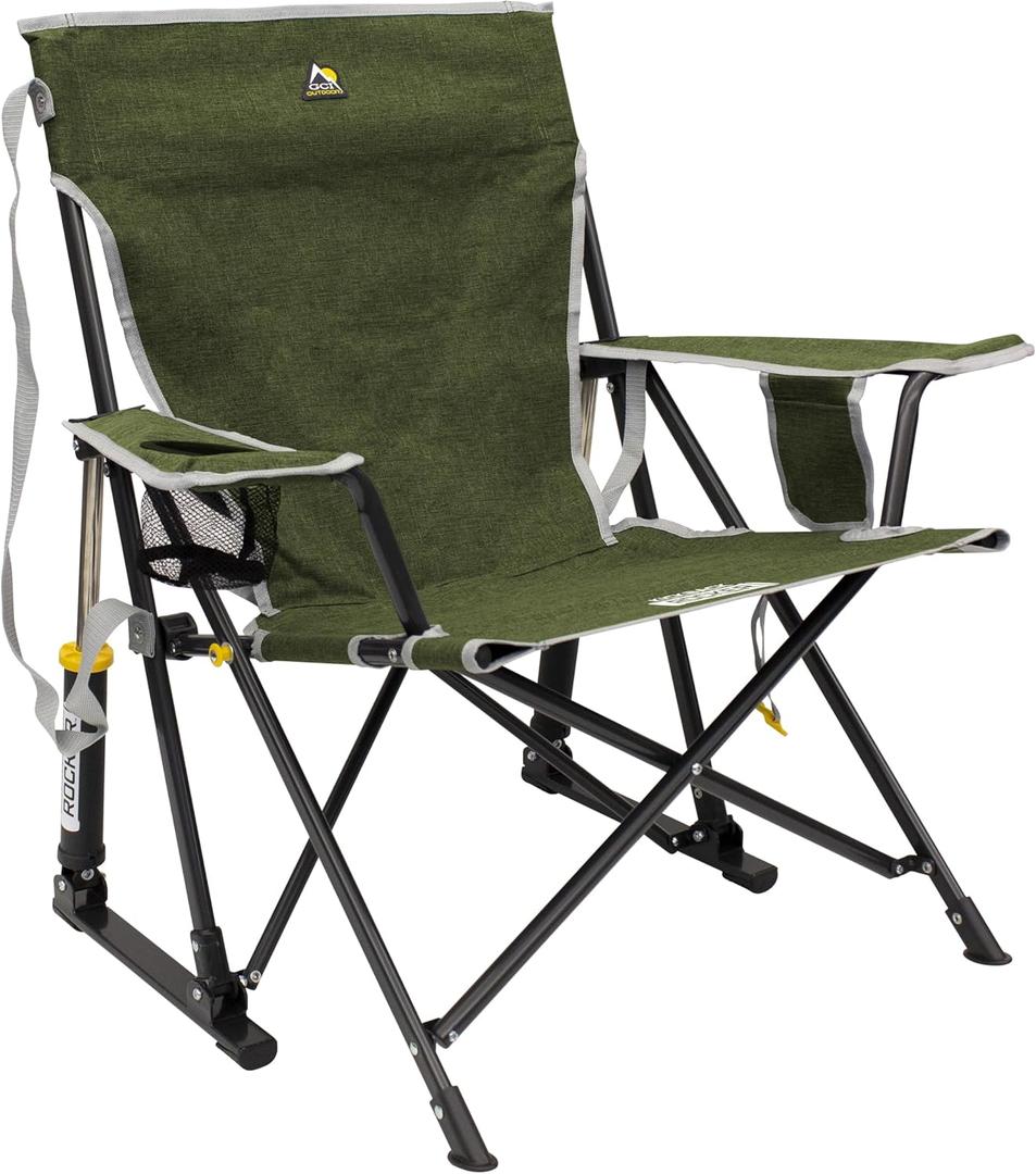GCI OUTDOOR Kickback Rocker Camping Chair | Portable Folding Rocking Chair with Durable Armrests, Drink Holder & Relaxed Lowered Seat for Comfort — Loden Green