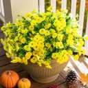 Artificial Fall Flowers Fake Plants for Outdoors Autumn Decoration, 12 Bundles Yellow Silk Morning Glory with Eucalyptus Look Real UV Resistant Faux Flowers for Outside Planters Front Door Yard Indoor
