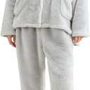 Arssm Womens Fluffy Pajama Set 2 Piece Pjs Set Fuzzy Sleepwear Top Pants Coral Fleece Lounge Set Button Down Pjs (Medium, Lightgrey)