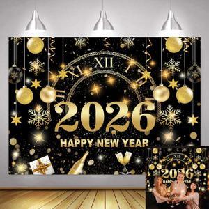 7x5ft 2026 Happy New Year Backdrop Glitter Black and Gold New Years Eve Photography Background New Years Holiday Party Decoration Photo Booth Props Banner Favor