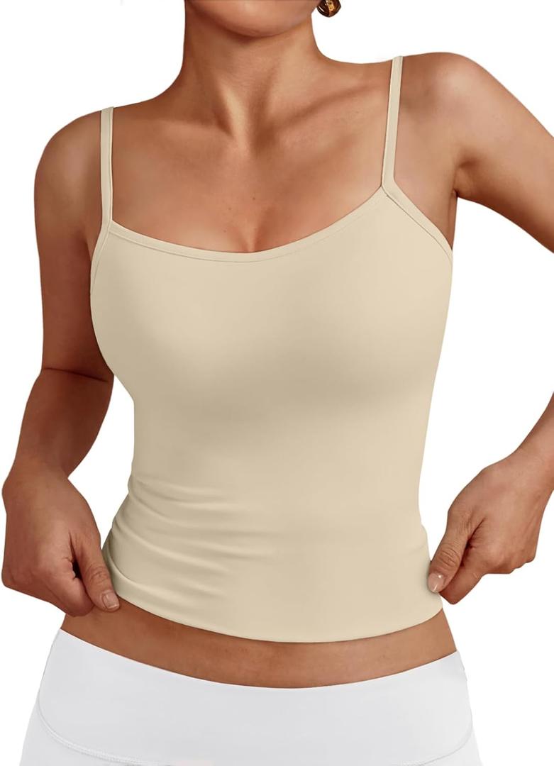 Trendy Queen Womens Adjustable Camisole Sleeveless Square Neck Spaghetti Strap Tank Tops Basic Shirt (Beige, S)
