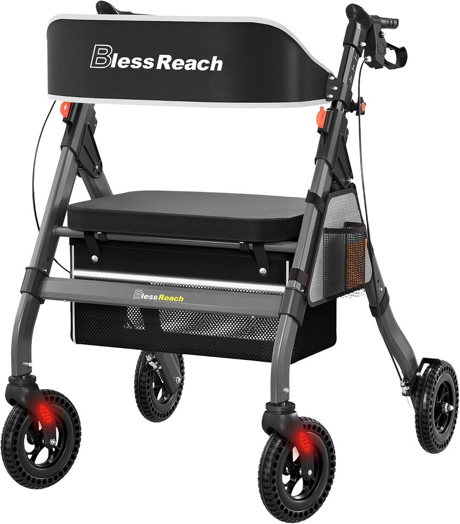 BlessReach Heavy-Duty Aluminum Rolling Walker - Foldable Rollator Walkers with Seat for Seniors, 450 lb Capacity, 8'' Wheels, 18" Big Seat, 6-Position Height(Gray)