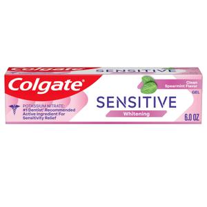 Colgate Sensitive Whitening Toothpaste Gel for Sensitive Teeth, 1 Pack, Sensitive Toothpaste with Fluoride and 5% Potassium Nitrate, Helps Whiten and Prevent Bad Breath, Clean Spearmint Flavor, 6 oz