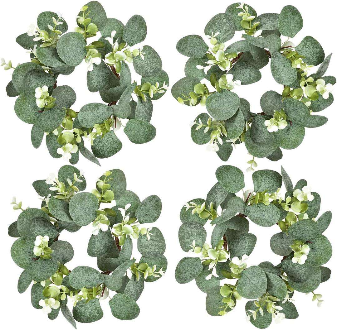 LSKYTOP 4Pcs Eucalyptus Wreath Faux Kitchen Cabinet Wreaths Artificial Greenery Wreath Farmhouse Wreath for Door Wall Window Decor, 9Inch/PC