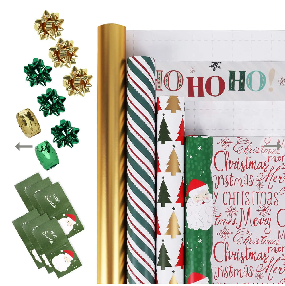 LaRibbons Christmas Wrapping Paper Set, Classic Santa & Stripe Design with Gift Bow & Ribbons & Tags, Perfect for Holiday, Party, Xmas Celebration,30 Inch X 10 Feet (4Rolls, 100 sq.ft.ttl.)