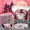 9 Pcs Halloween Pink Boo Basket Stuffers Gifts for Women, Ghost Glass Cups Tumbler 16 oz with Lid, Pink Tote Bags, Socks, Halloween Gifts Box for Teens Girls Her Sister Family Friends Adult