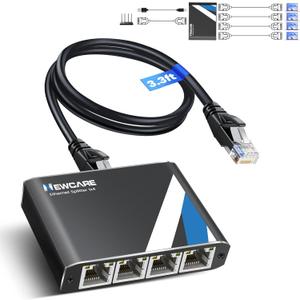 NEWCARE Gigabit Ethernet Splitter 1 to 4 with 3.3ft LAN Cable, 1000Mbps High Speed 1 in 4 Out RJ45 Multi Port Internet Splitter for Cat5e/6/7/8, 4 Devices Simultaneously Networking, Plug & Play